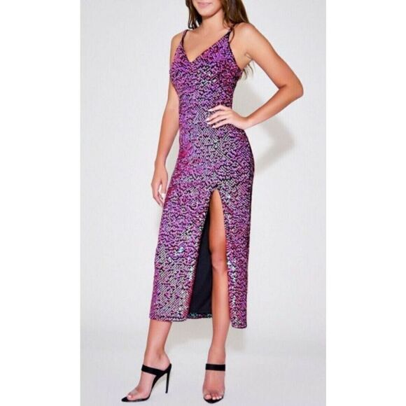 SHO x Tadashi Shoji Sz L Hot Pink Spaghetti Strap Midi Sheath Party Dress - Picture 1 of 16